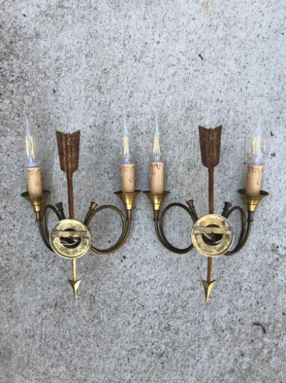 French neoclassical antique wall sconces  highly detailed with hunting horn and arrow motif hunting