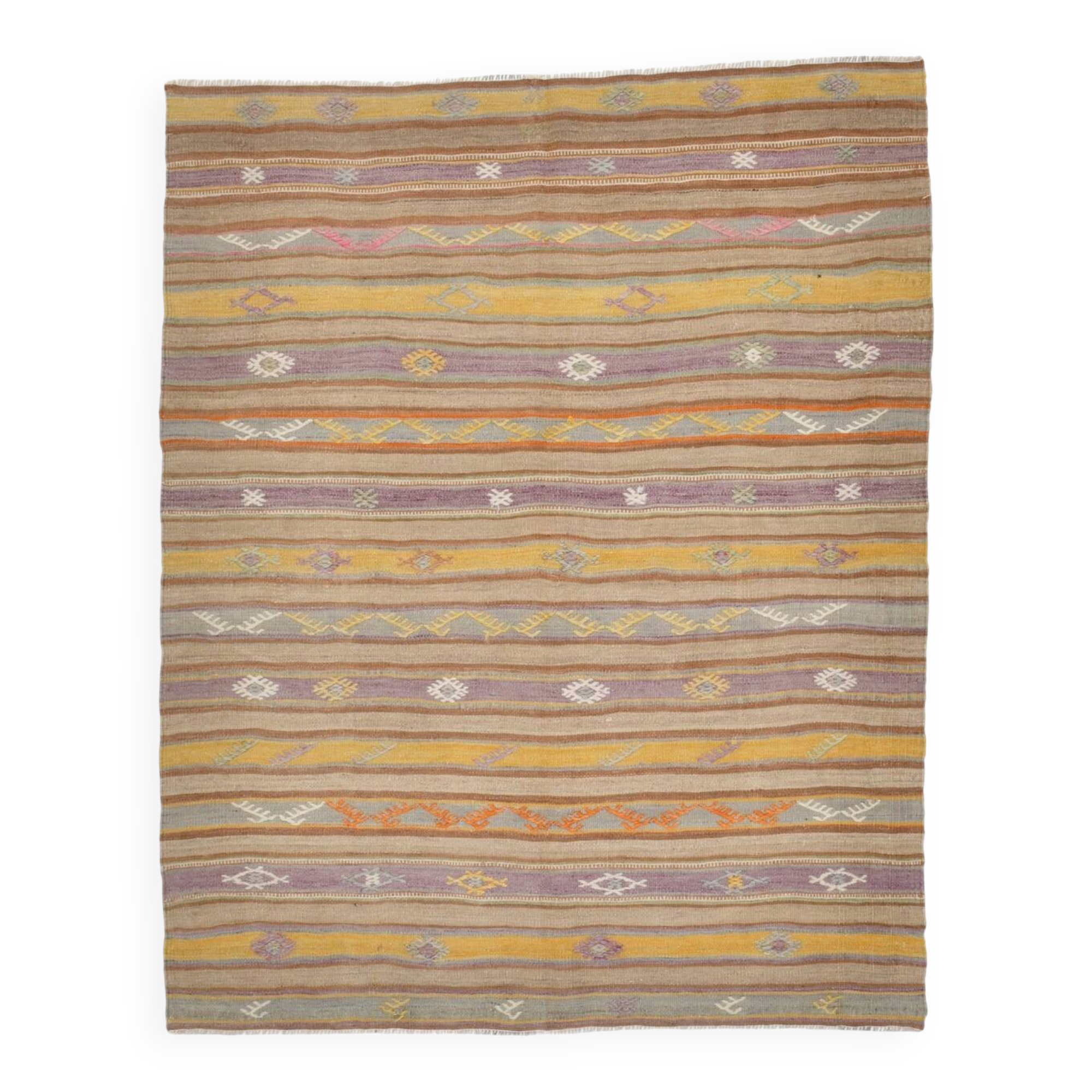 Warm Earth Tones Striped Turkish Kilim Rug, 135x168 Cm