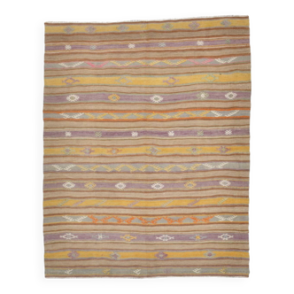 Warm Earth Tones Striped Turkish Kilim Rug, 135x168 Cm