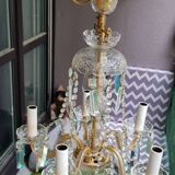 Chandelier with crystal and brass tassels from the 1970s, used condition