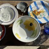 3 large Italian plates with blue stripes and lemons pattern