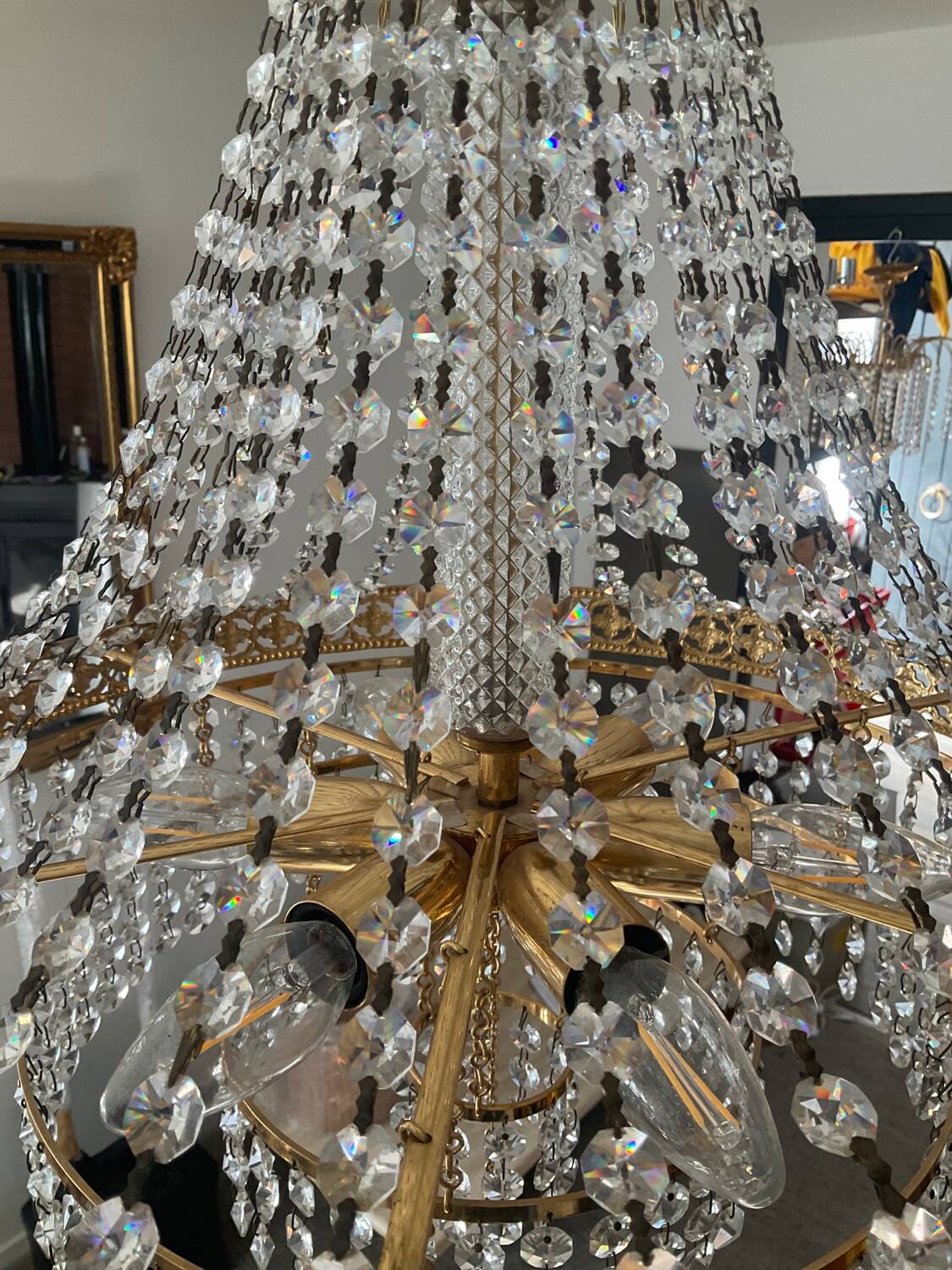 Brass hot air balloon chandelier with cascade of tassels