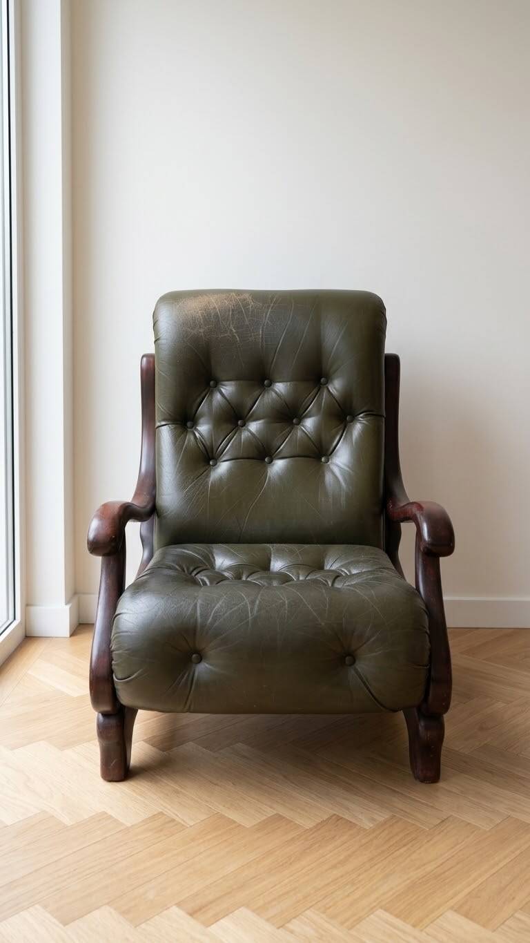 Vintage green leather tufted armchair - 1970s