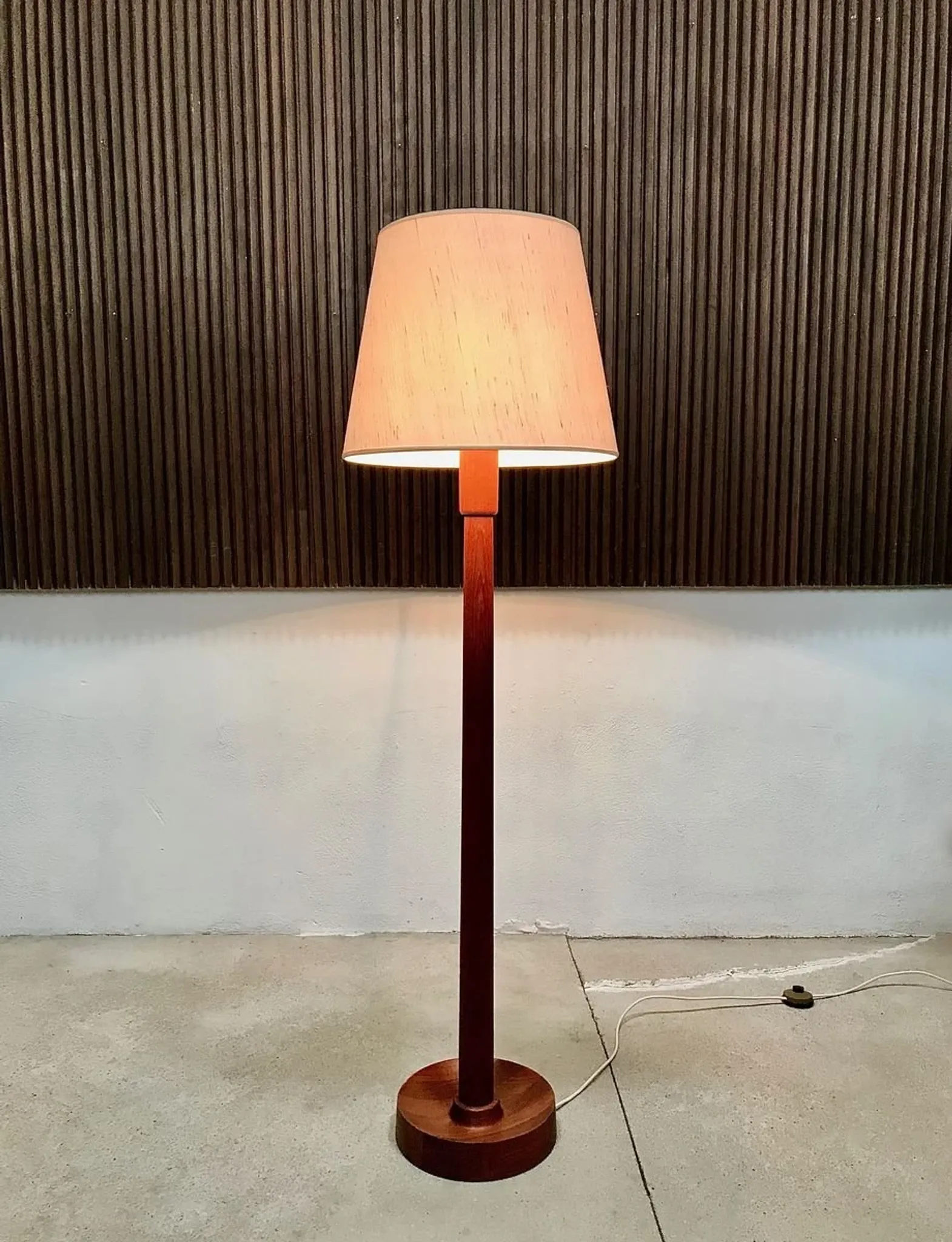 Teak Floor Lamp with Lampshade in Wild Silk, Denmark 1960s
