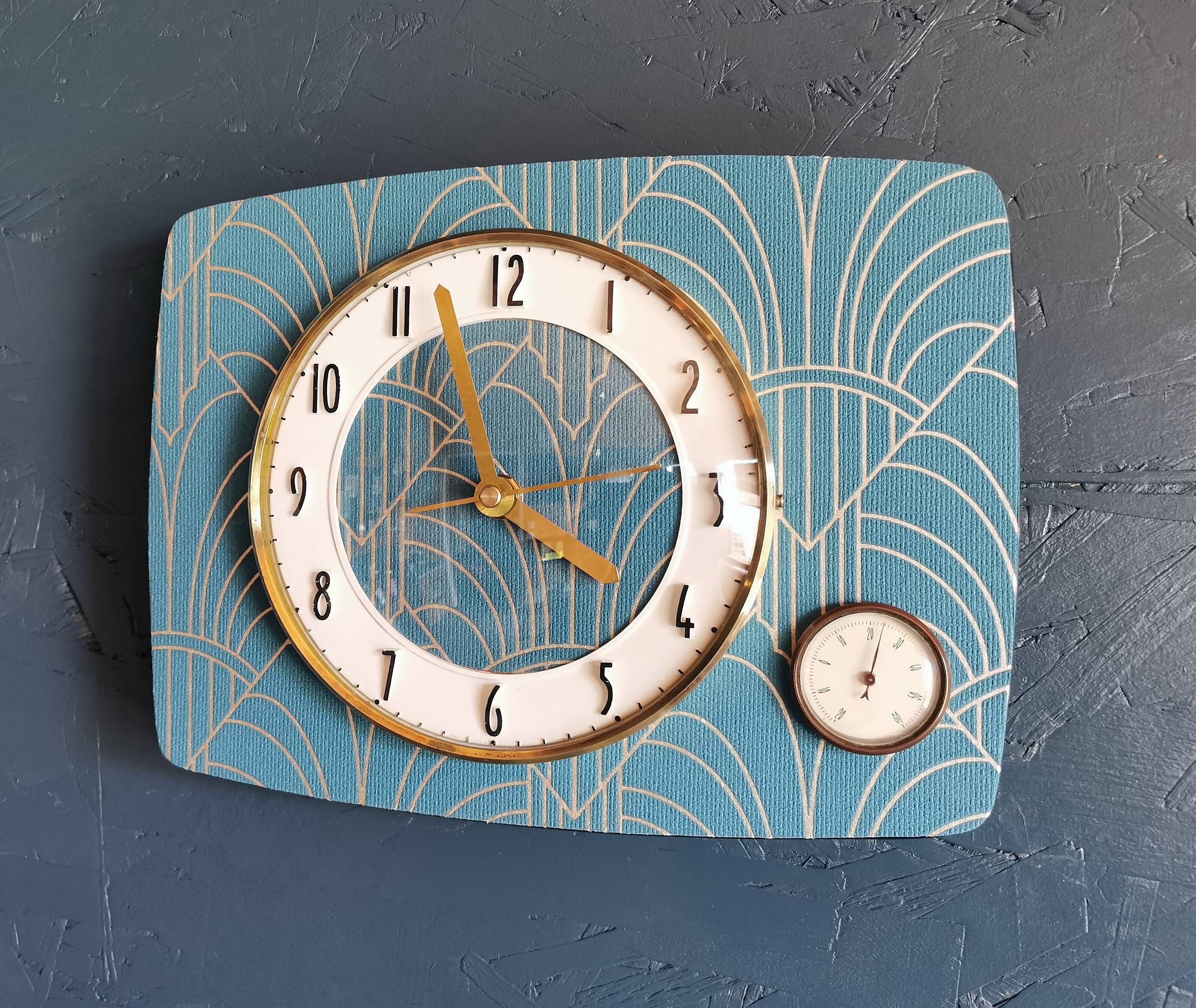 Vintage thermometer clock rectangular silent wall pendulum "Golden blue"