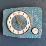 Vintage thermometer clock rectangular silent wall pendulum "Golden blue"