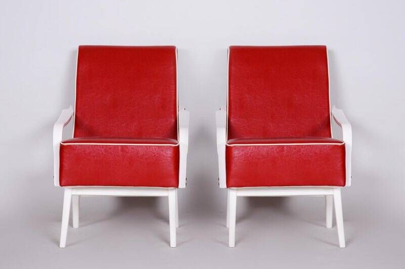 Mid-Century Red Leather and Beech Armchairs, Czechia, 1950s, Set of 2