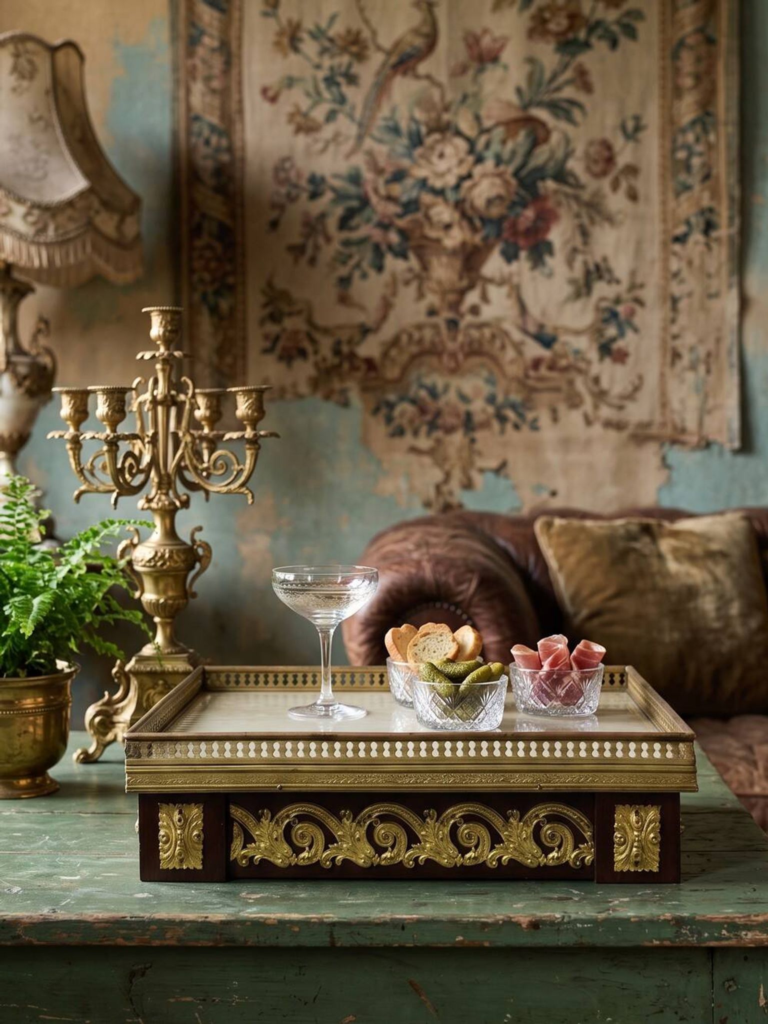 Antique wooden saddle-shaped plateau, gilded metal and onyx, circa 1900.