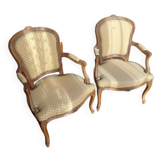 Set of 2 Louis XV style Cabriolet armchairs with yellow fabric with red polka dots