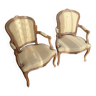 Set of 2 Louis XV style Cabriolet armchairs with yellow fabric with red polka dots