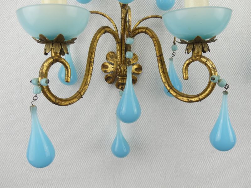 Pair of vintage wall lamps Murano blue opaline tassels