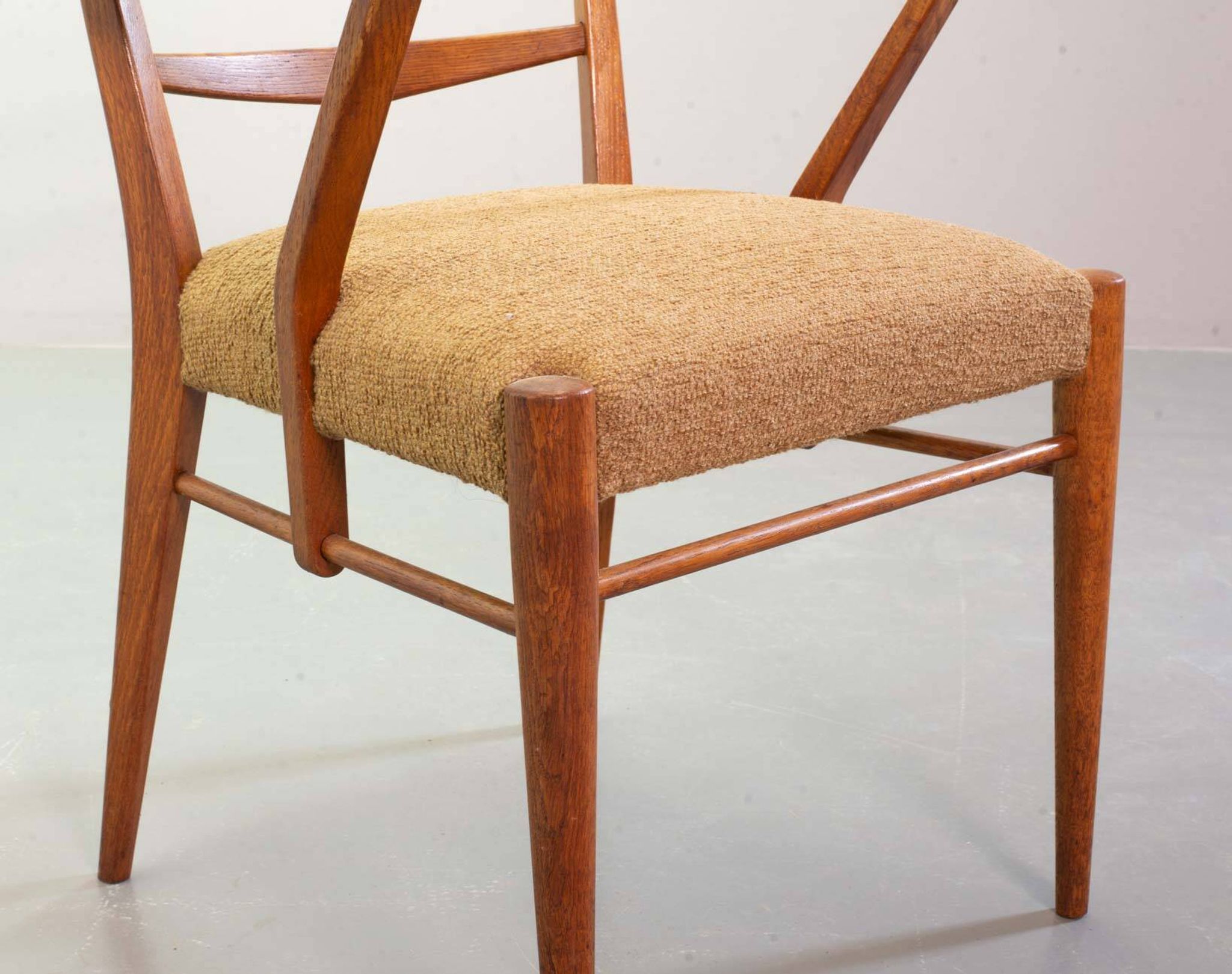 Cees Braakman Dutch Design Wooden Ladder Arm Chairs & Caramel Bouclé Fabric