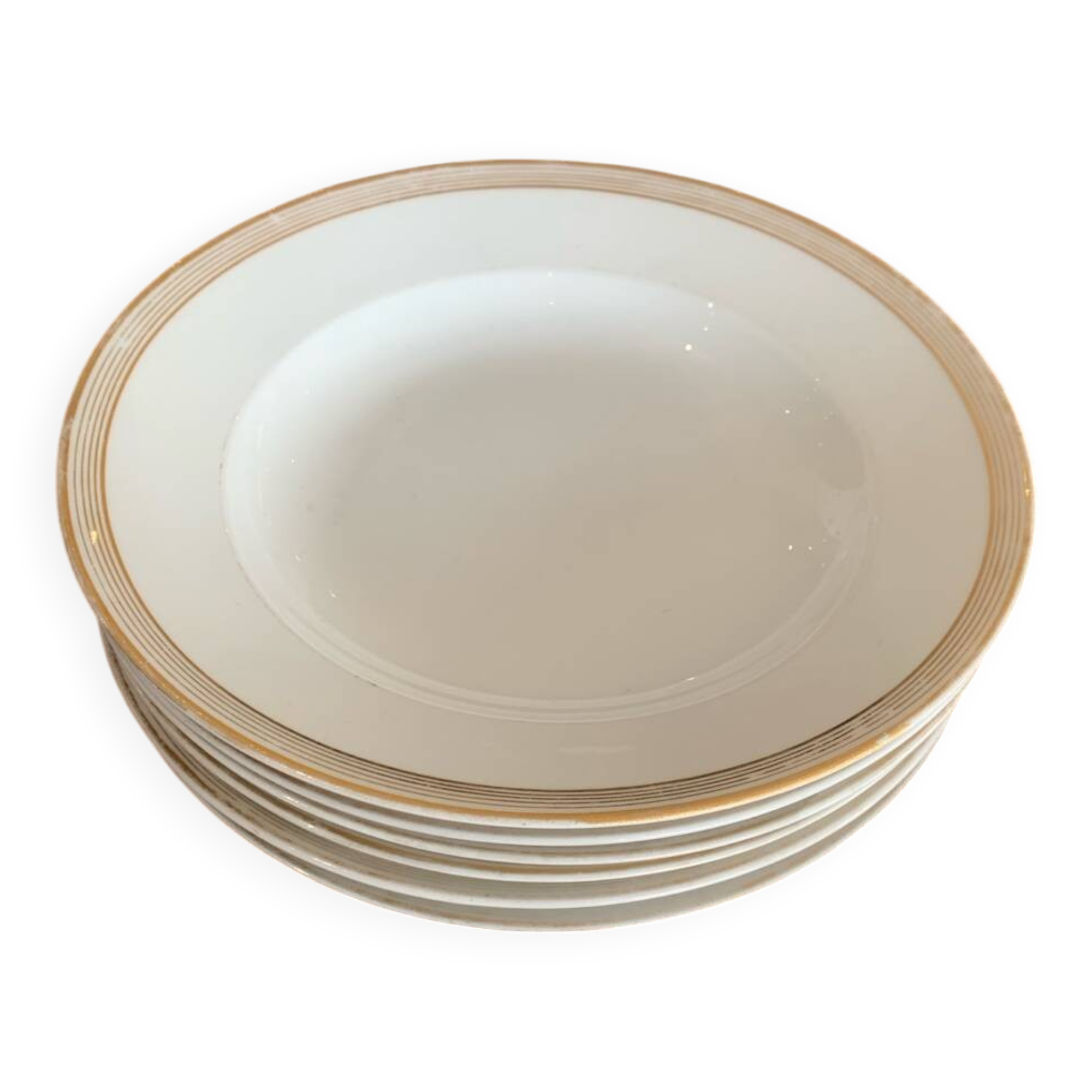Lot of six soup plates, old, crockery, white, gilded