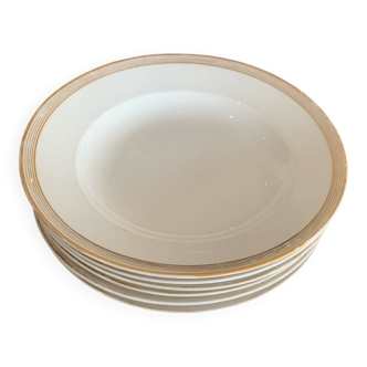 Lot of six soup plates, old, crockery, white, gilded