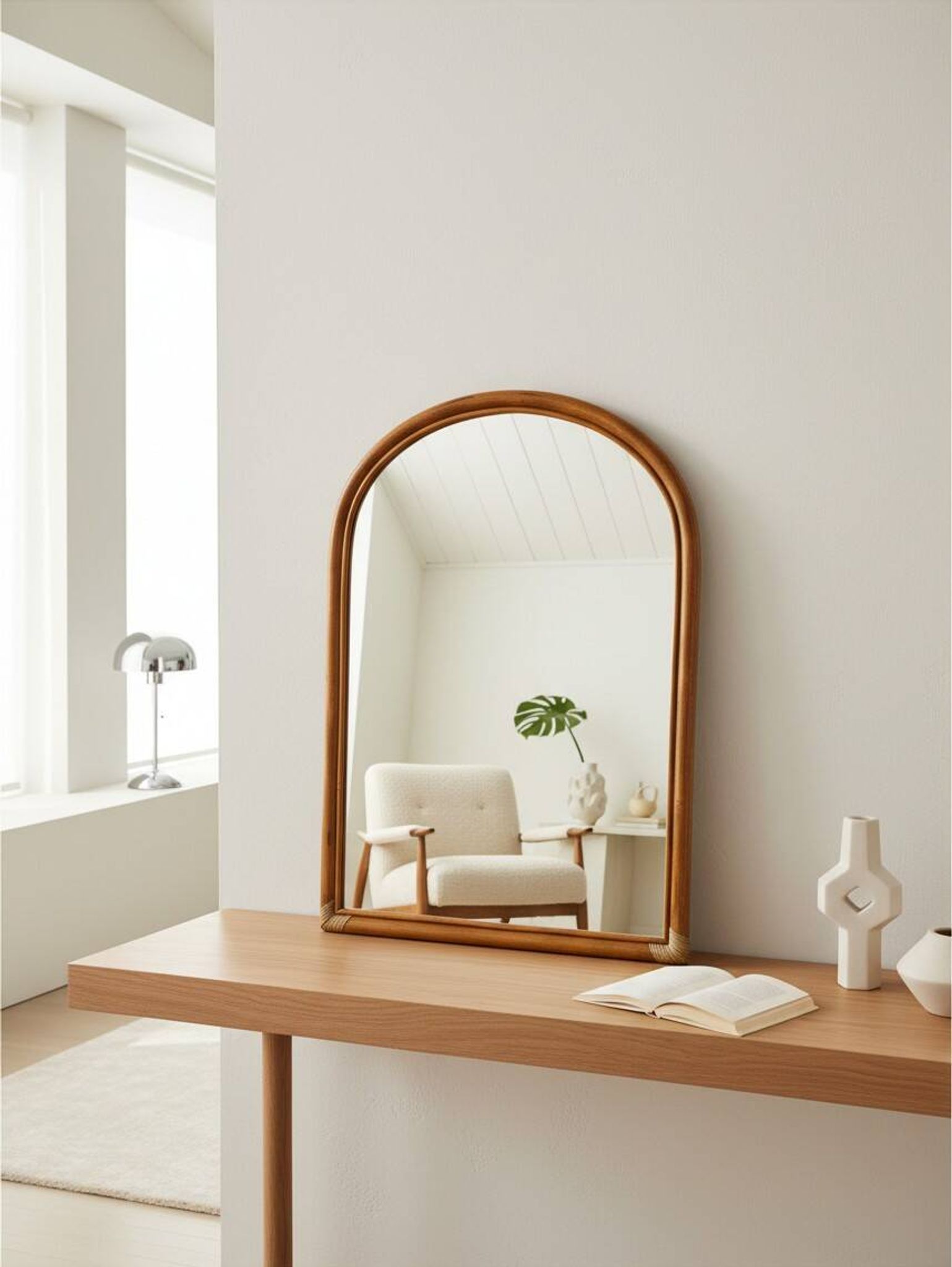 Vintage arch mirror in rattan and bamboo (90x61 cm) – Riviera style, years