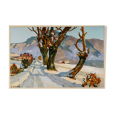 Gouache painting on paper "Snow landscape" signed D. Riviere (middle XX°)
