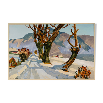 Gouache painting on paper "Snow landscape" signed D. Riviere (middle XX°)