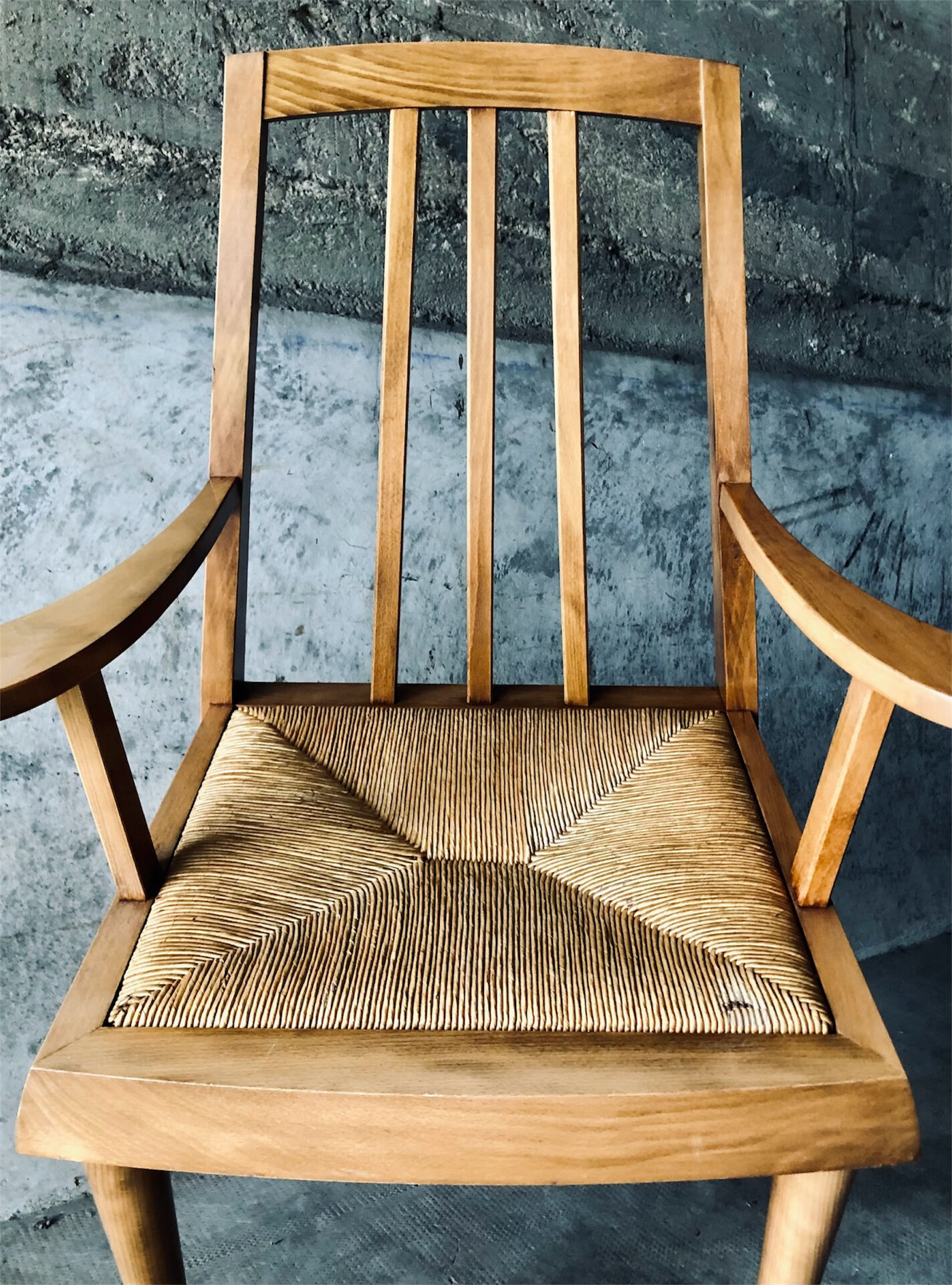 Solid wood and straw armchair, Reconstruction style, France