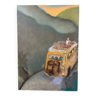 Tableau voyage personnage dans un bus, van XXe
