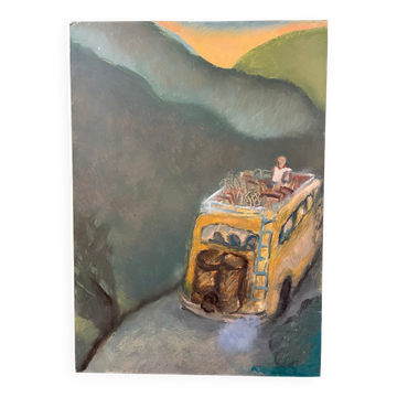 Tableau voyage personnage dans un bus, van XXe