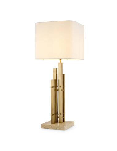 Pair of modern table lamps, vintage brass finish, travertine base.