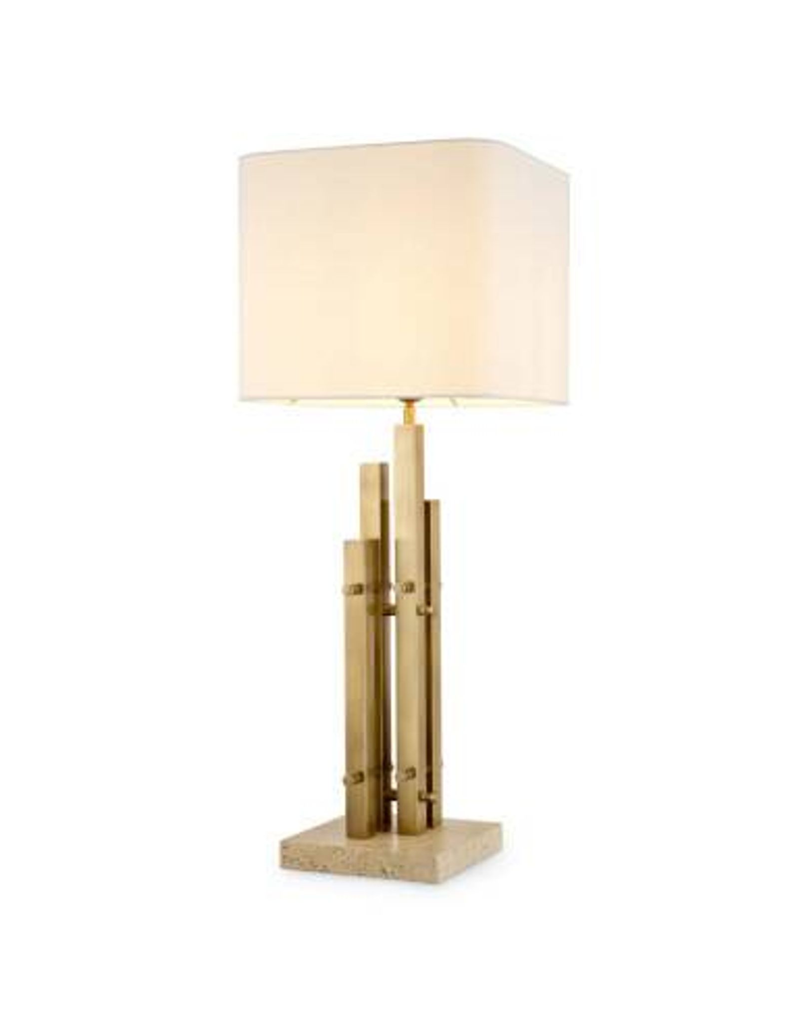 Paire de lampes de table modernes, finition laiton vintage, base en travertin.