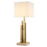 Pair of modern table lamps, vintage brass finish, travertine base.