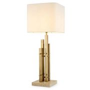 Paire de lampes de table modernes, finition laiton vintage, base en travertin.