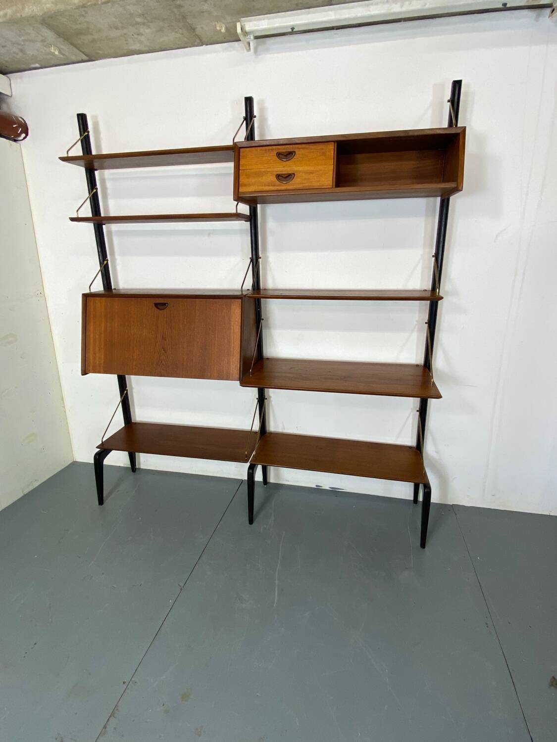 Mid-Century Danish Style Teak and Brass Wall System Unit by Louis Van Teeffelen for Wébé, 1950s