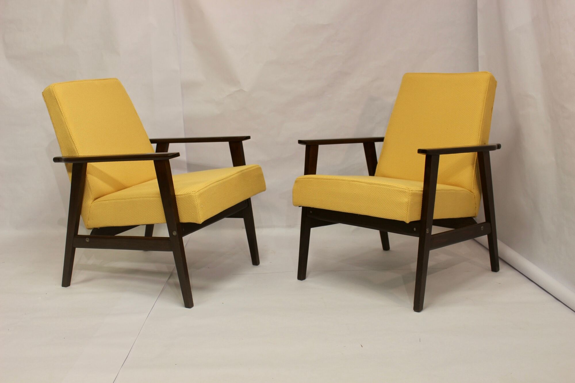Armchair Henryk Lis 300-190 years 1970 yellow fabric Pierre Frey.