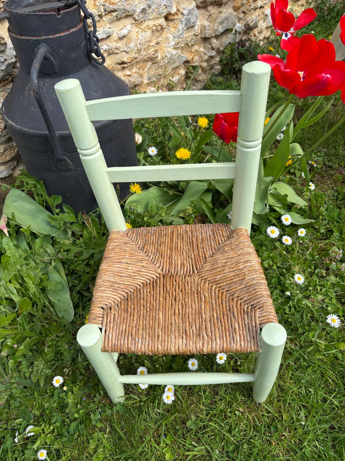 Mint green wooden and vintage straw children's chair