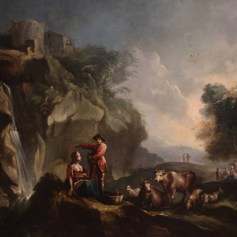 Great 18th century Italian painting, landscape with pastoral scene