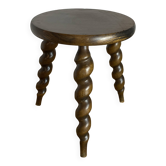 Tabouret bas rond tripode  en bois tourné