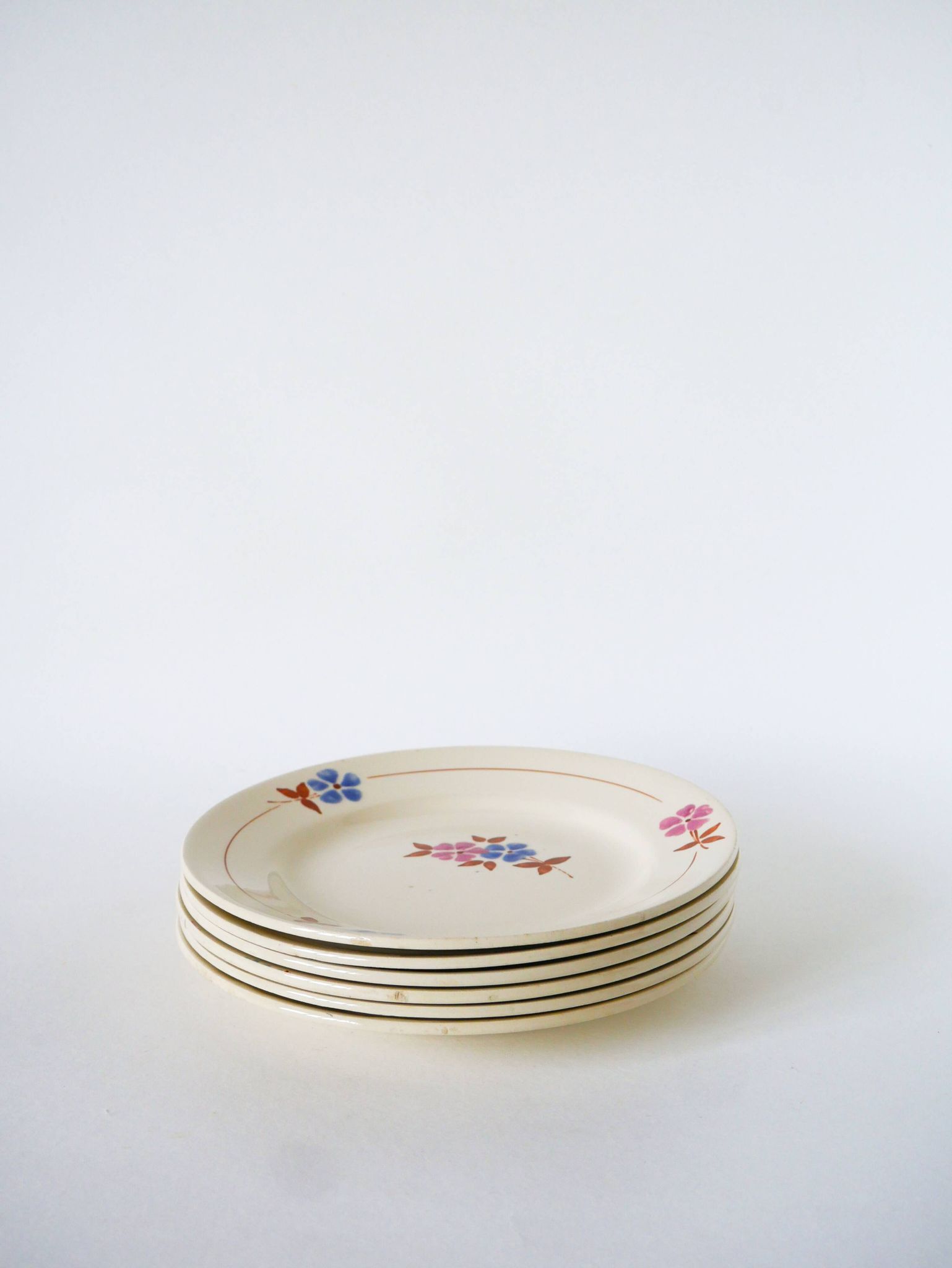 Set of 6 dessert plates, Moulin des Loups, Pink, Blue & Brown, 1950
