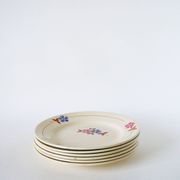 Set of 6 dessert plates, Moulin des Loups, Pink, Blue & Brown, 1950