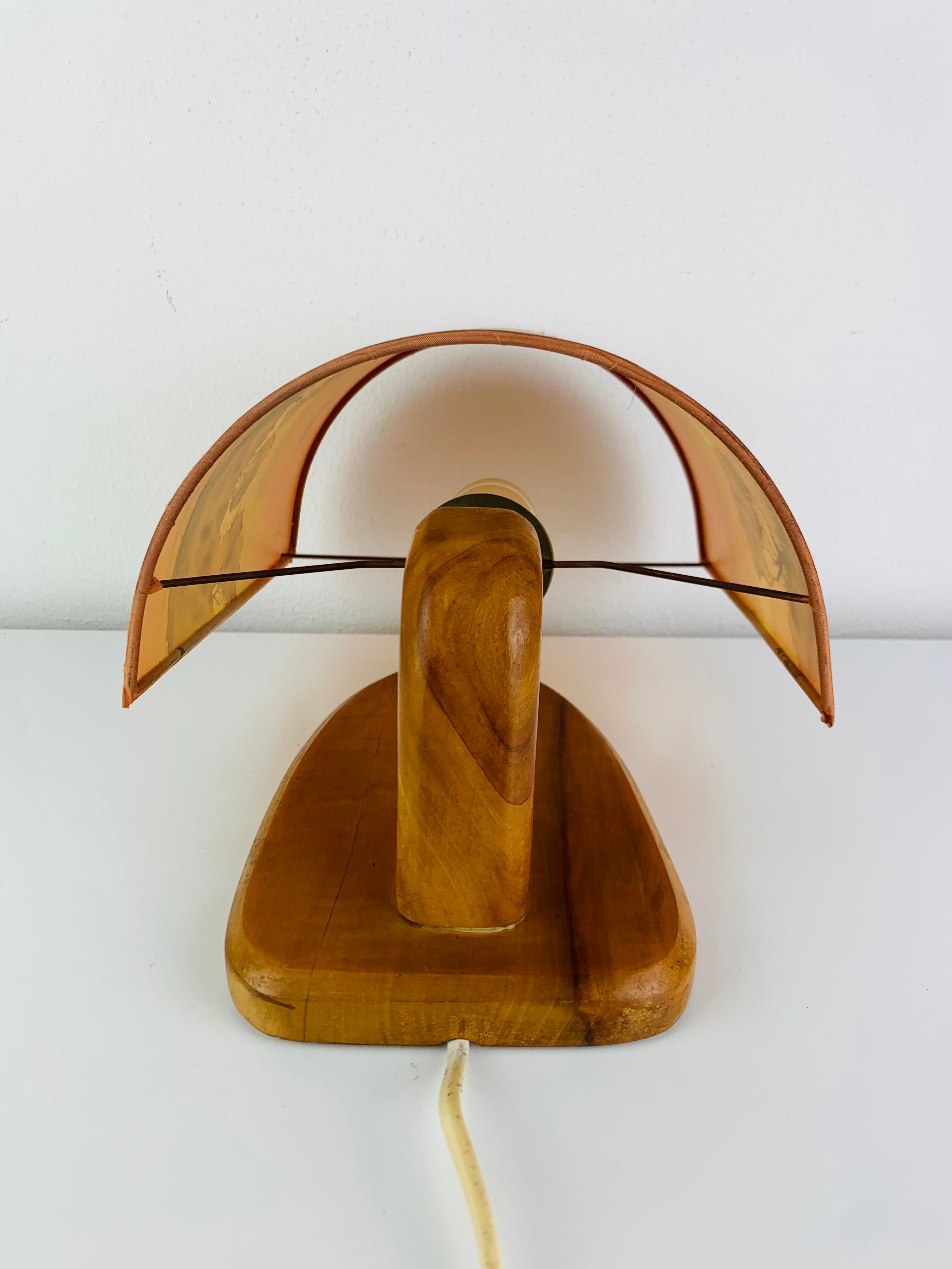 Wooden wall lamp and silk lampshade, vintage, 1960s.
