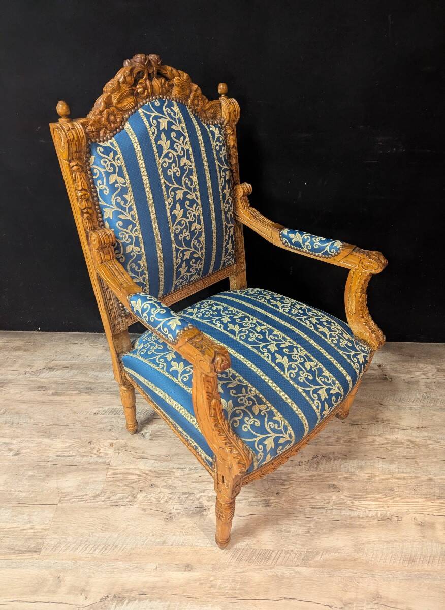 Pair of Louis XV Style Armchairs in Carved Wood and Blue Fabric
