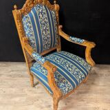 Paire De Fauteuils Style Louis XV En Bois Sculpté Et Tissu Bleu