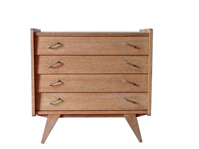 Renovated vintage chest of drawers with compass legs in light gilded wood, 1950-1960