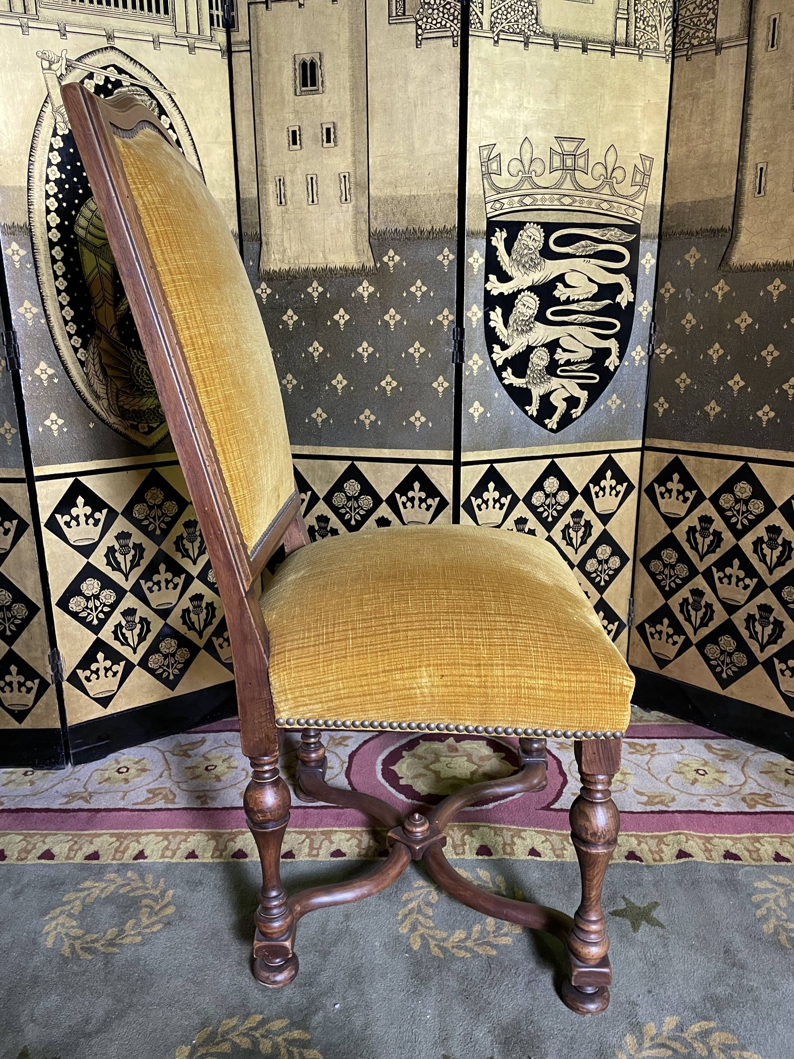 Suite of 6 chairs walnut and yellow velvet louis XIV style