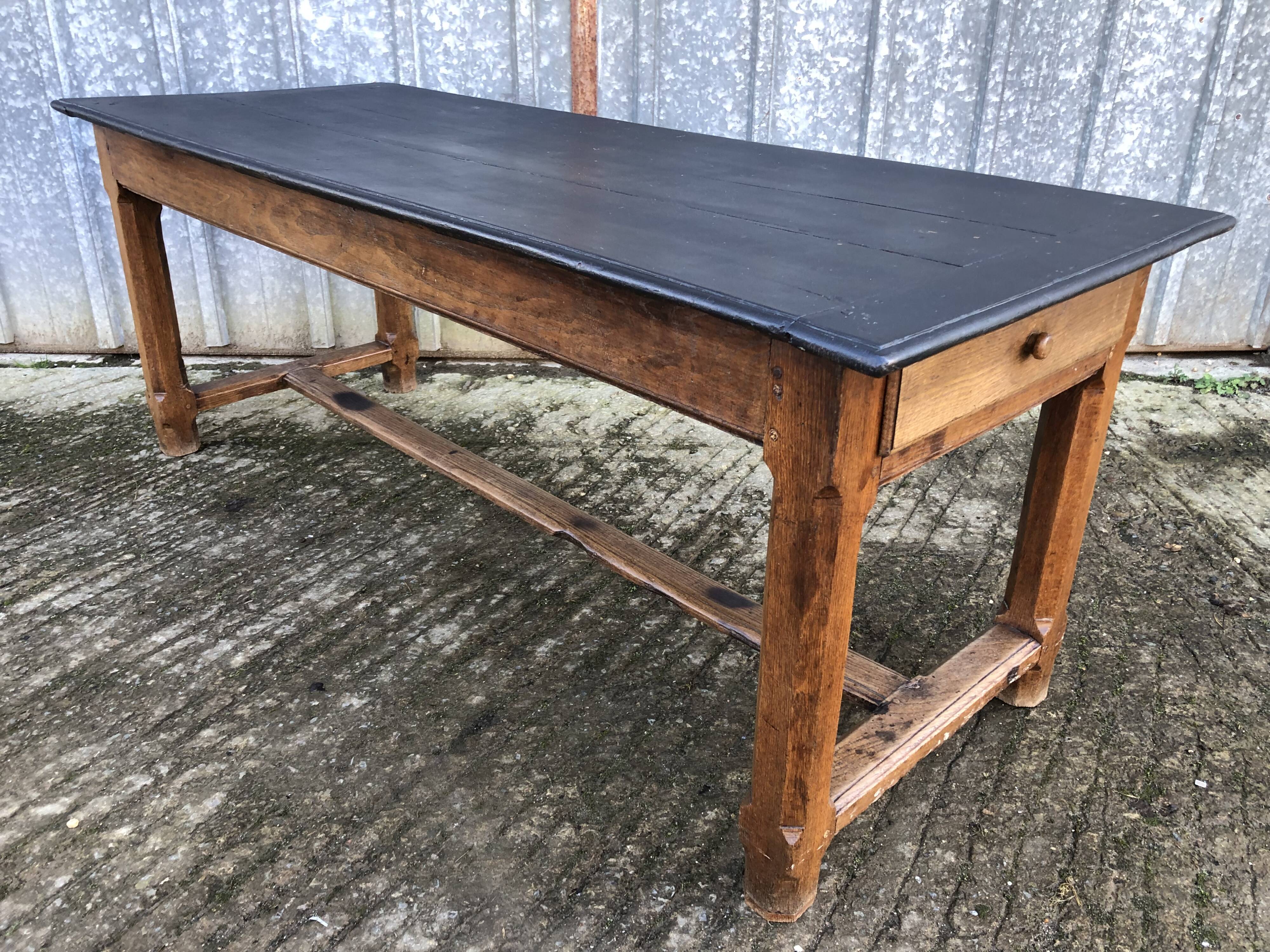 Antique oak farmhouse table with cat bar and 2 end drawers