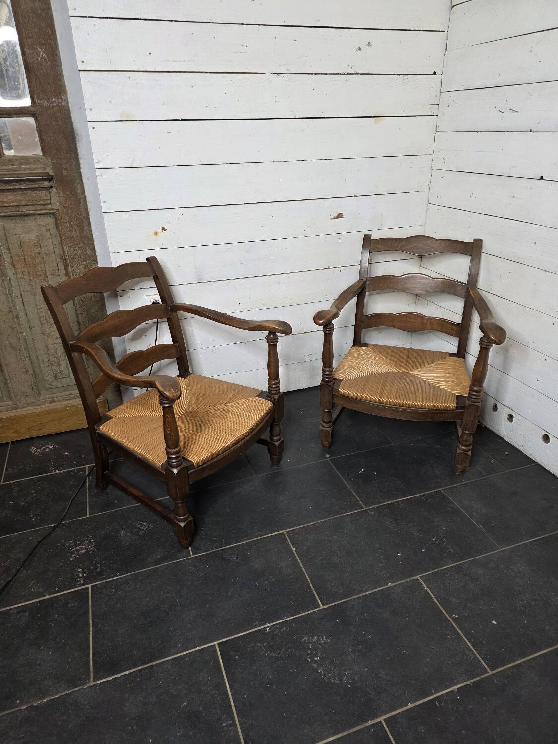 Pair of low beech armchairs