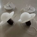 Pair of onyx and walnut suspended light fixtures