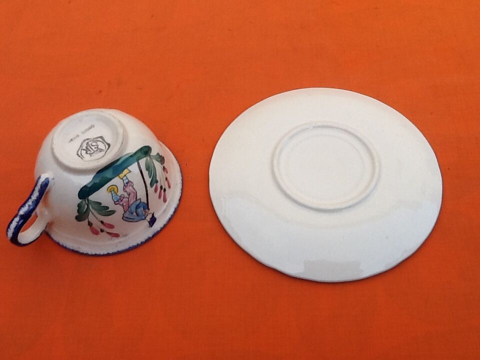 Cup / Saucer for lunch Faience with stamp crowned STR (Sainte Radegonde-en-Touraine)