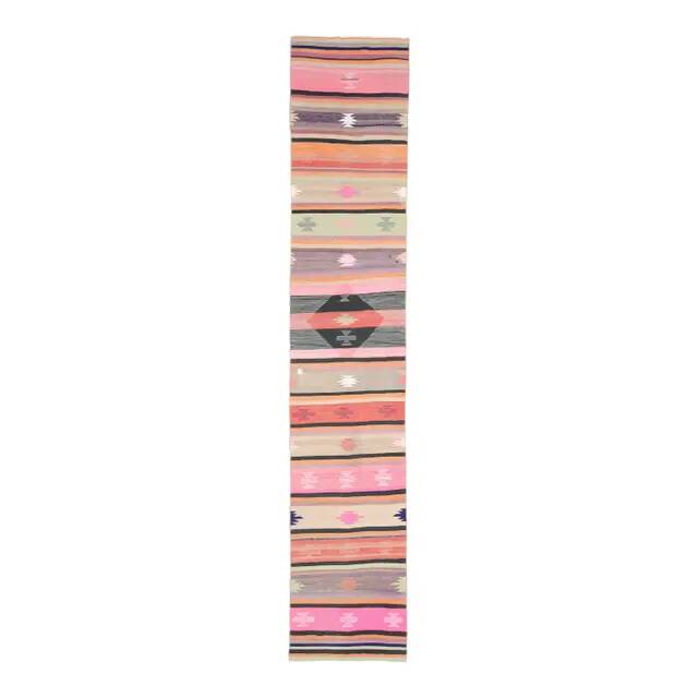 Vintage Turkish Hand-Knotted Wool Cotton Pink Runner Rug 72x398