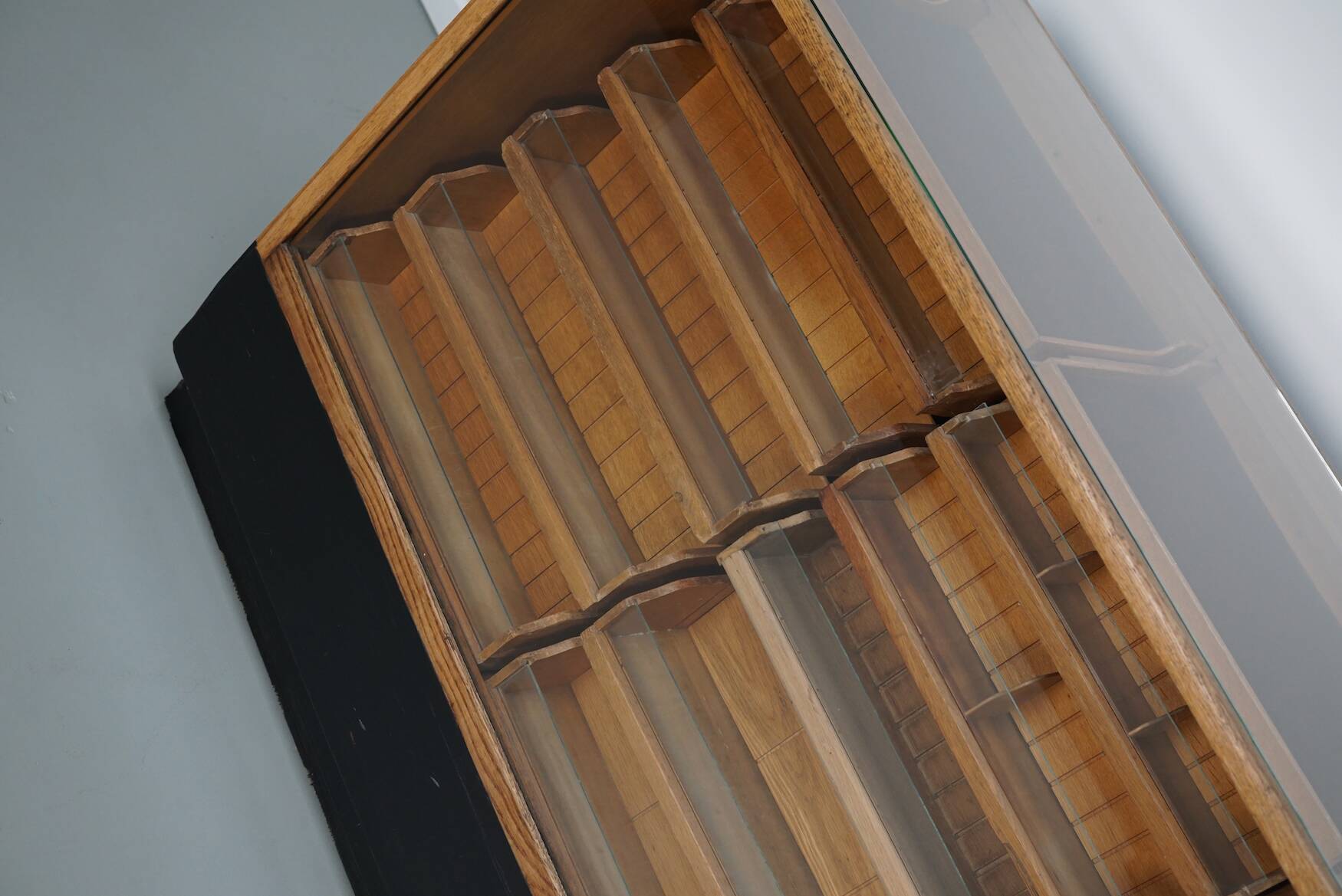 Vintage German Oak Glass Shop Counter Haberdashery Cabinet Vitrine, ca 1950