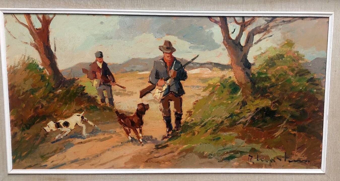 Renzo Martini - Hunters - Oil painting on plywood 60x30 cm