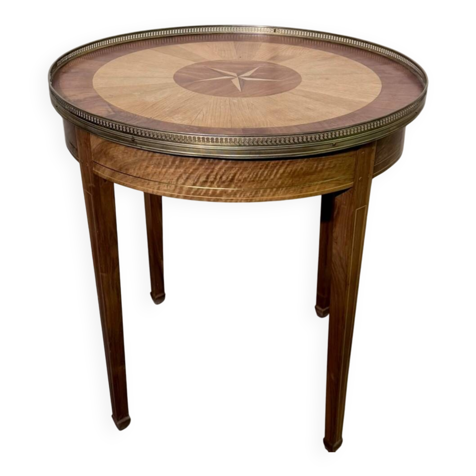 Bouillotte table in Louis XVI style with marquetry and gilded brass inlays.