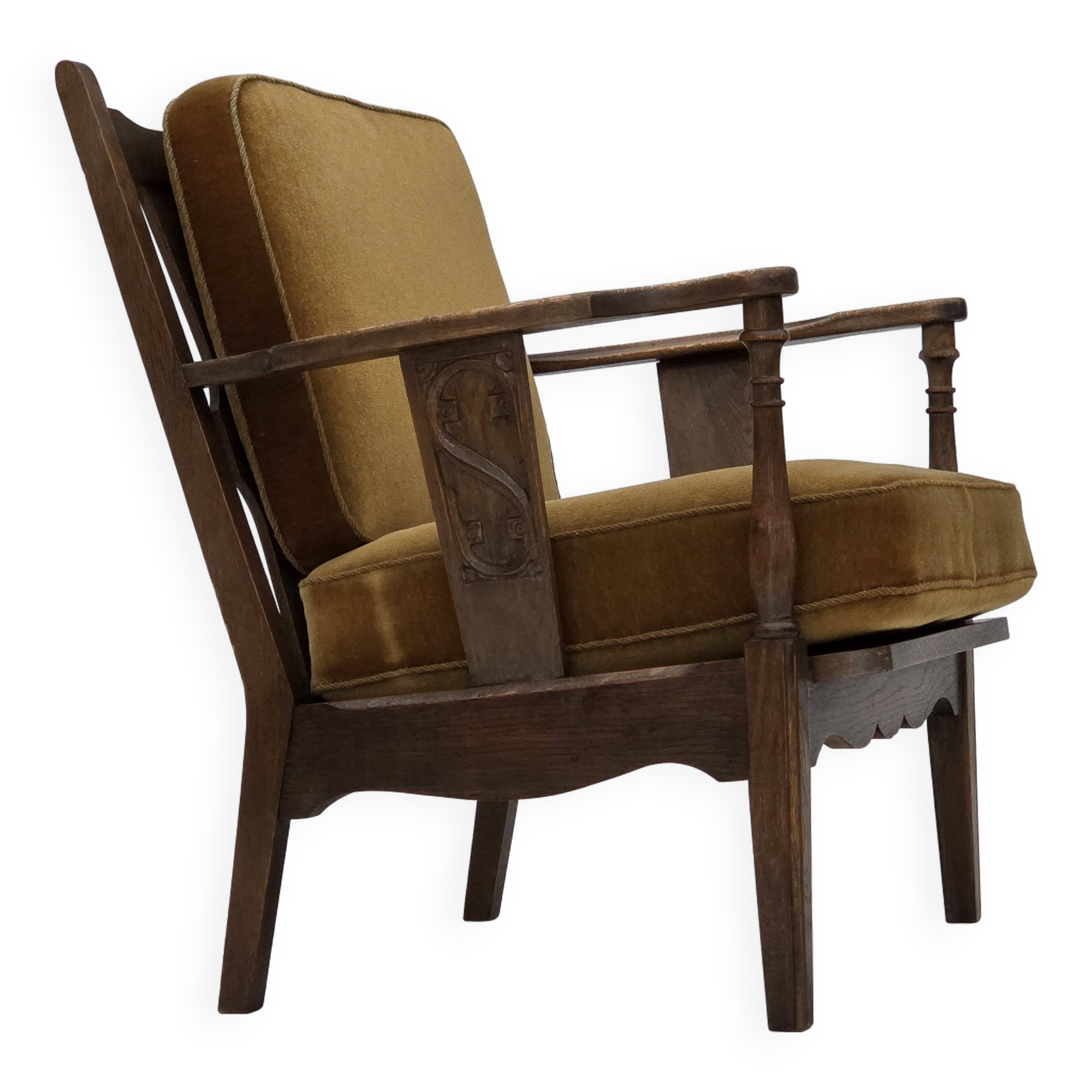 1950s, Danish vintage armchair, original green furniture velour, oak wood.