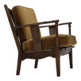 Fauteuil vintage danois des années 1950, mobilier vert d'origine en velours, bois de chêne.